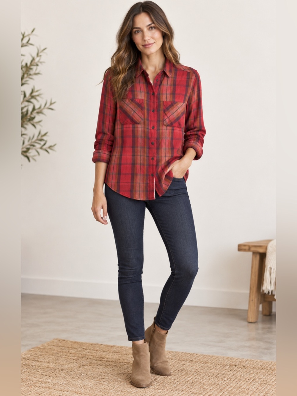 Lucky Brand Red& Brown Plaid Button-Down Shirt Size-X-Small 90’s Grunge